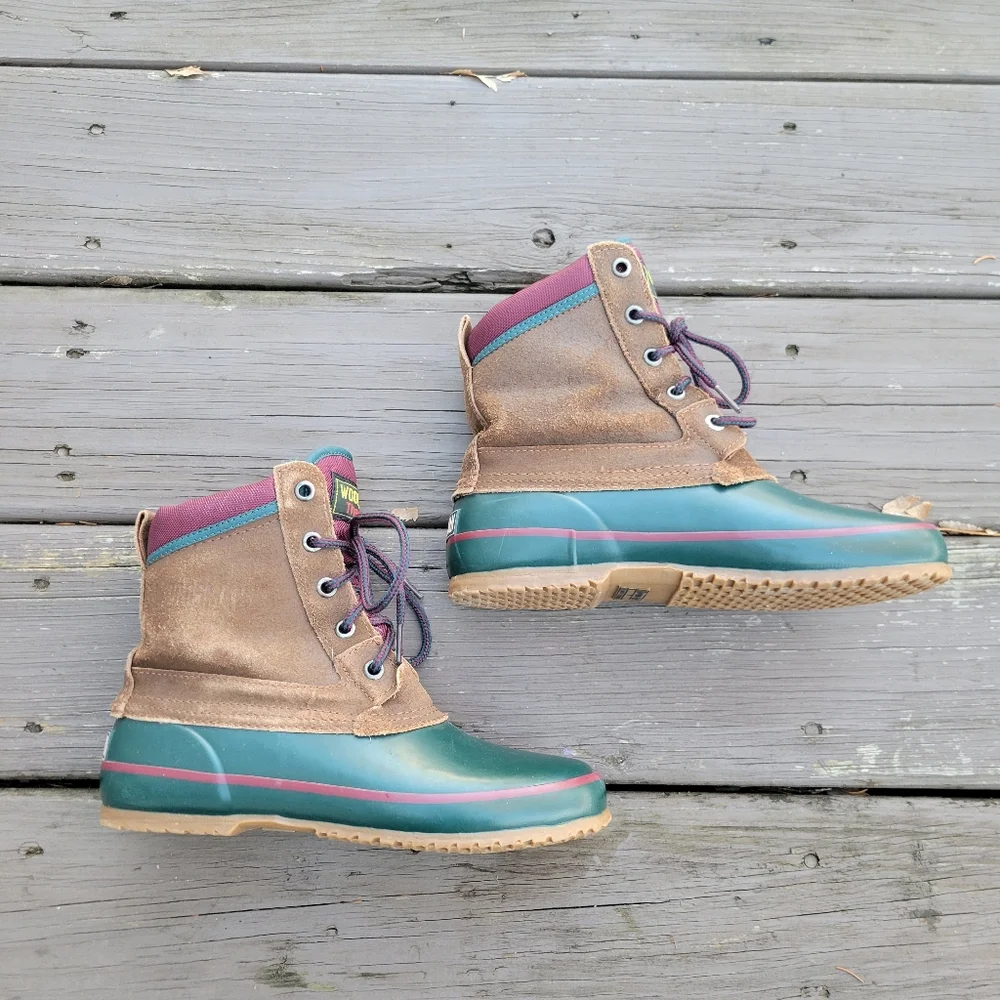 Vintage 90s y2k Woodsman Brown Roughout Suede Leather‎ Green Rubber Duck Boots 7
